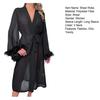 Feather Trim Sheer Mesh Robe for Women Long Sleeve Belted Kimono Robe