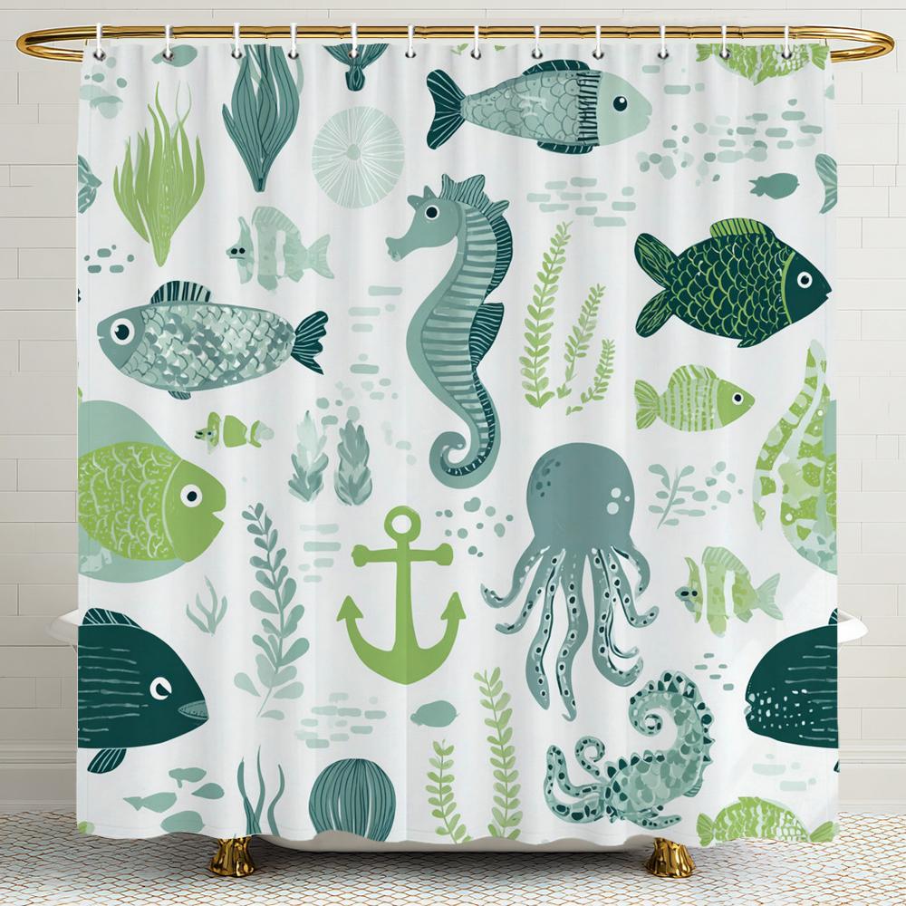 Cartoon ocean underwater world Shower Curtain, Bathroom Decorative Shower Curtain, Waterproof Shower Curtain with Hooks