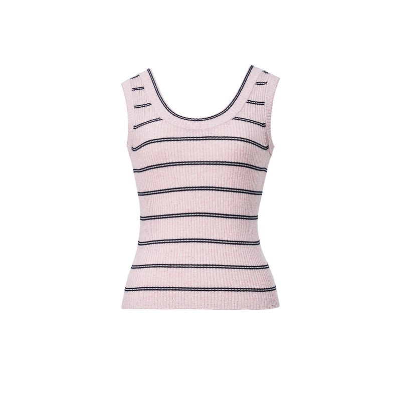 

Blacknini (Two Colors) Horizontal Line Linen Gold and Silver Silk Thin and Glittering Bead Yarn Knitting Stripes round Neck Vest Stripes Knitting Vest-Pink((In Stock)) M