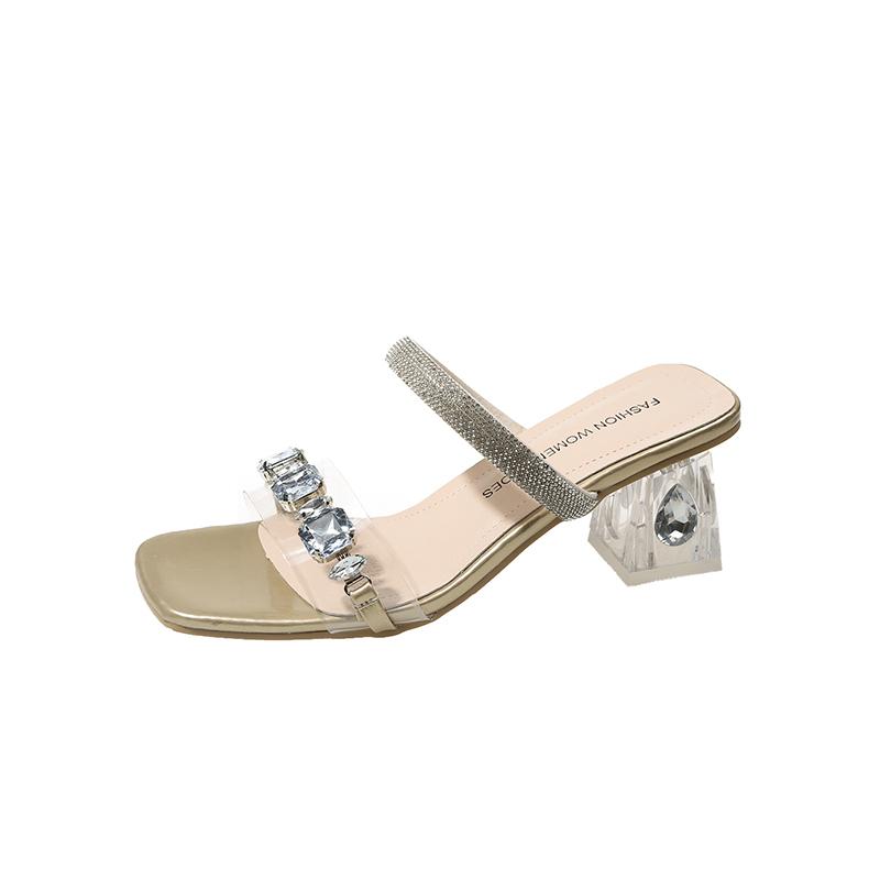 Women's slippers 2024 summer fashion Transparent belt metal decoration box shaped square Alien heel high heels wearing sandals