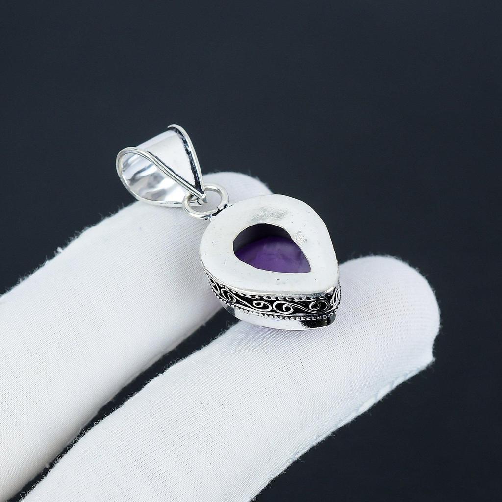 Natural Amethsyt Birthstone Silver Pendant In 925 Sterling Silver - Handmade Pear Design, Everyday Wear Jewelry Anniversary Gift