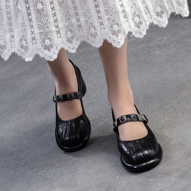 Johnature Lolita Genuine Leather Shoes Sweet Round Toe Thick Heel Wrinkled Women's Shoes