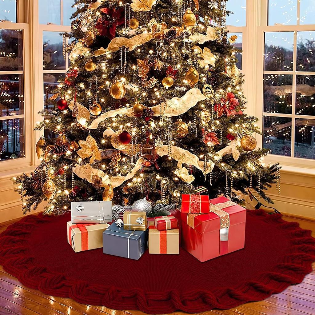 KHOYIME Red Knitted Christmas Tree Skirt 36 Inches, Rustic Vintage Large Xmas Tree Rug Skirt Chunky Thick Knit Boho Under Tree Skirt, Farmhouse