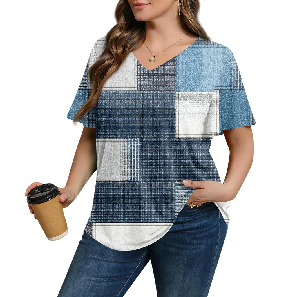 Women's Plus Size Fashionable Casual Loose-Fit Short Sleeve Elegant V Neck Blouse For Work