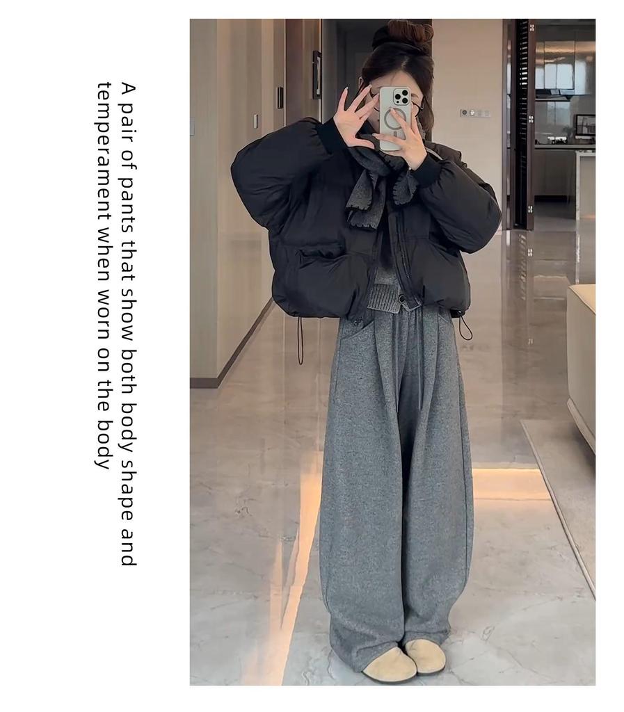 Women's Gray Cloud Scimitar Pants with Plus Velvet, Autumn/Winter 2025 - Woolen Wide-Leg, Drape, Relaxed Fit.