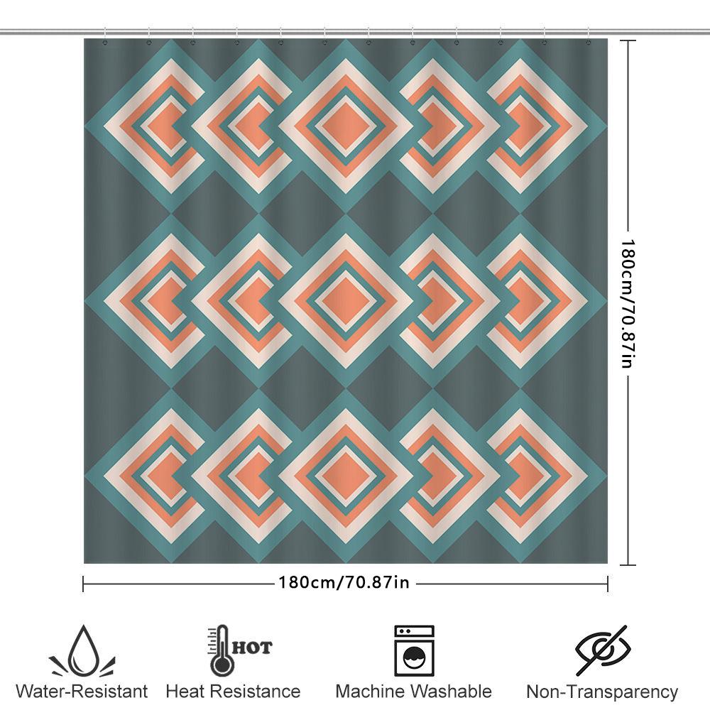 Green and Peach Diamond Pattern Shower Curtain Waterproof Fabric for Bathroom Decor – Modern Geometric Design with 12 Hooks Set