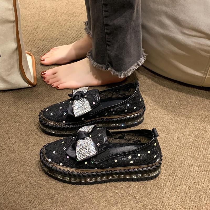 Fashion Women's Sandals 2025 Summer New Chunky Bottom Soft Hollo Out Mesh Flat Shoes Rhinestone Bow Breathable Sneakers Zapatillas Mujer