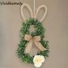 19.6 Inch Easter Wreaths Linen Bow Green Plant Easter Bunny Decor With Flower Simulation Design Bunny Shape Wreath