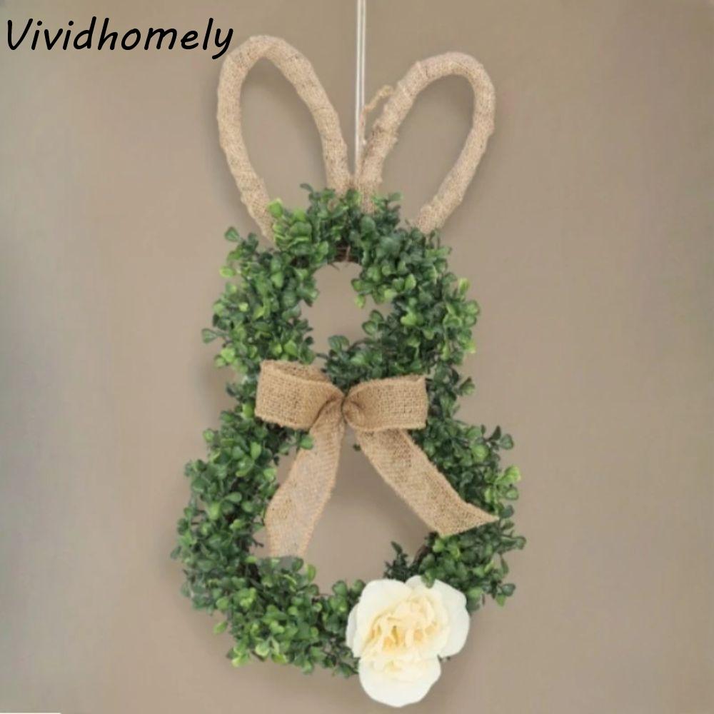 19.6 Inch Easter Wreaths Linen Bow Green Plant Easter Bunny Decor With Flower Simulation Design Bunny Shape Wreath