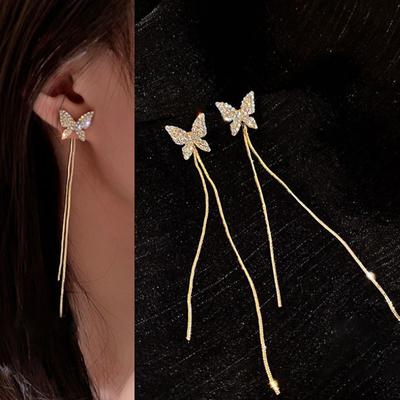 2023 novo romântico elegante strass incrustado borboleta longa corrente de metal borla gota brincos pendentes para mulheres meninas jóias de orelha