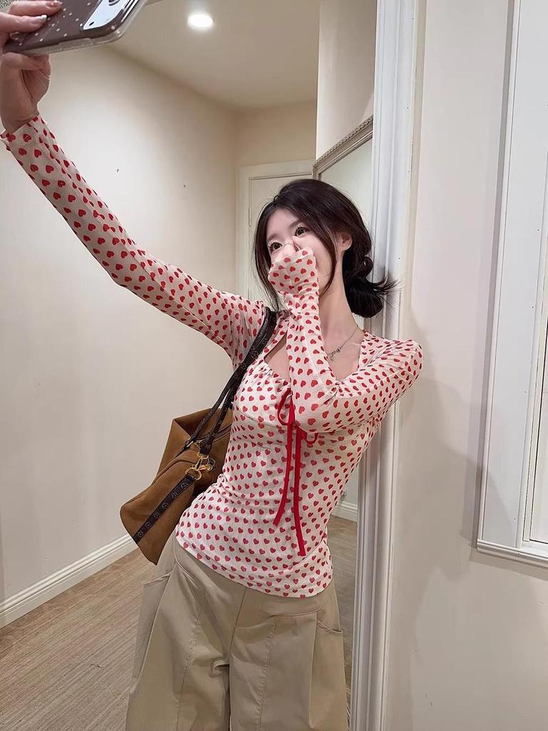Korean Pink Heart Polka Dot Square Neck Long Sleeve Tee