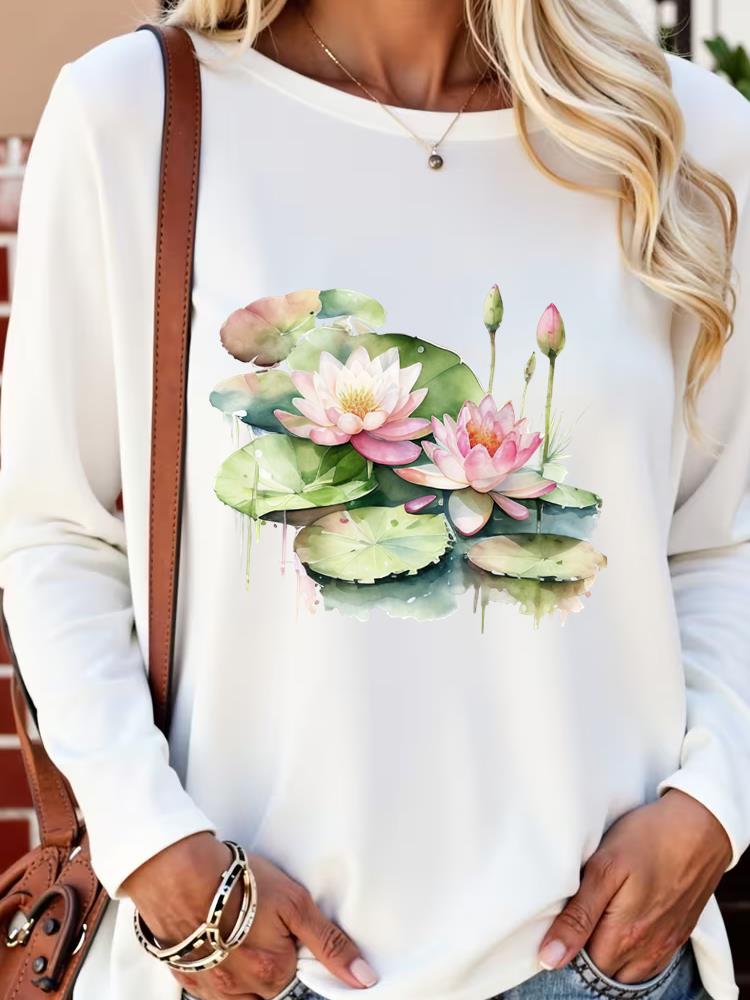 (Asian Size) Lovely Trend Flower  Long Sleeve T Shirt Tee Lady Printed O-neck Women Female Clothing Casual Fashion Top Graphic T-shirts