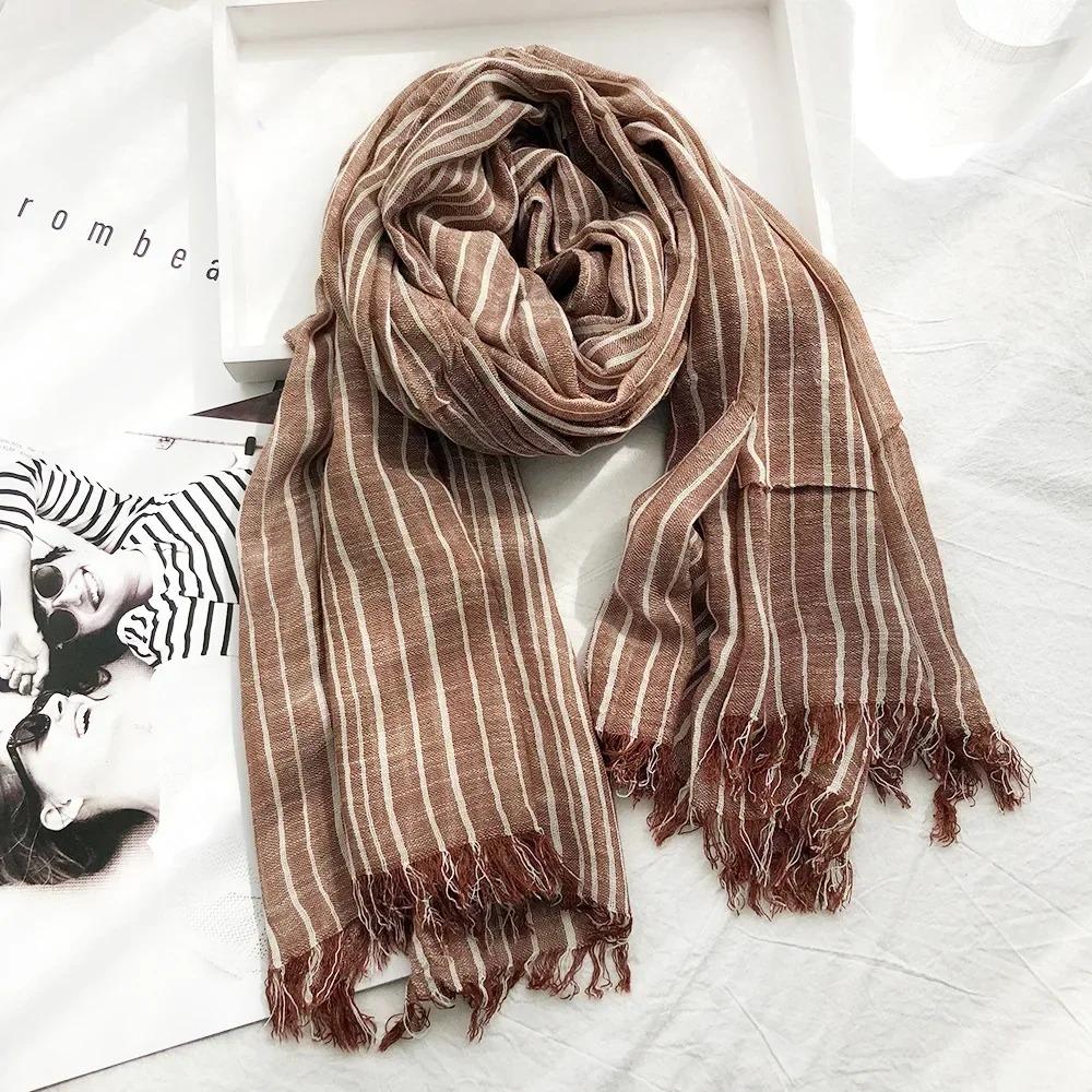 New 190*80cm Artistic Style Striped Cotton Linen Scarf Shawl Men's and Women's Same Style Mori Foulard En Mousseline Scarves