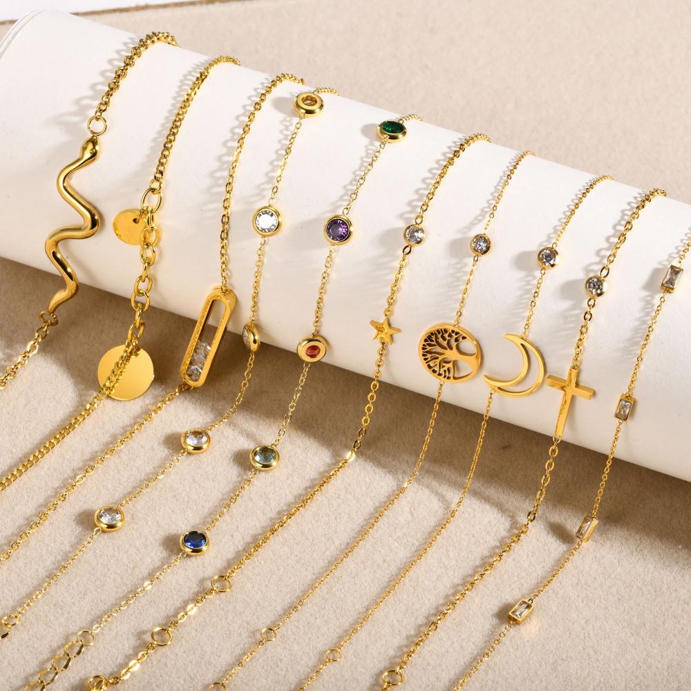 Women Jewelry 18K Gold Travel Bracelet Curb Link Chain Cross Moon Zircon Charm Bracelet