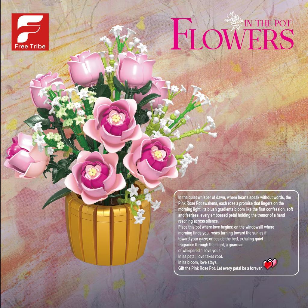 Non-Toxic 1056Pcs Pink Rose Potted Building Blocks Flower Vase Model Bricks Desktop Ornament Romantic Gift Educational Diy Toys For Kids