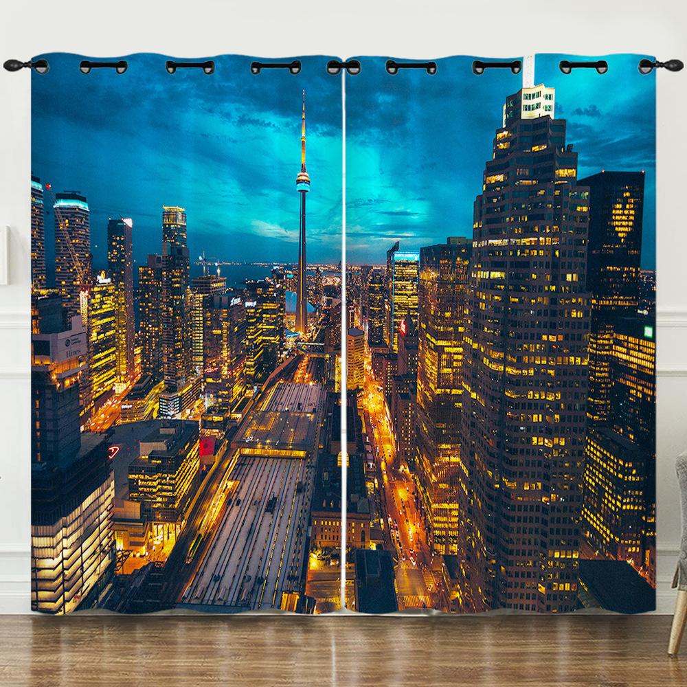 Curtains City Architecture Landscape 3D Digital Printing Blackout Curtains No Punching