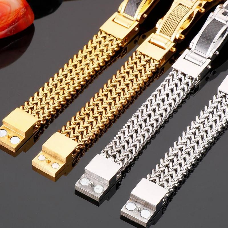 Luxury Gold Plated Bracelet for Men 12MM Wide Stainless Steel Square Franco Link Chain Men's Wrist Bracelets With Magnet Clasp