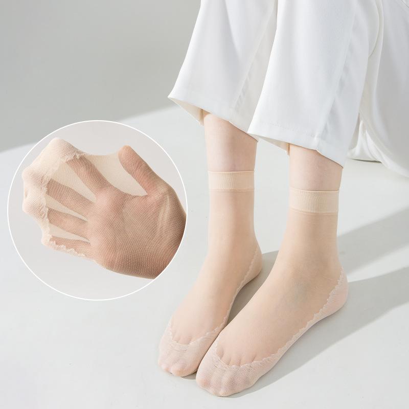 5 Pairs of Cotton-bottom Moisture-absorbing Silk Stockings - Summer Lightweight, Breathable Women's Solid-color Anti-slip Crystal Stockings