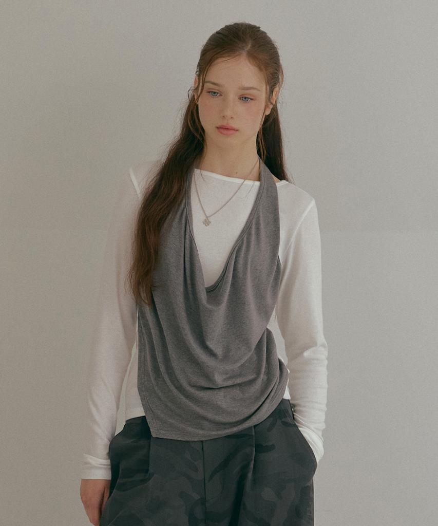 ODER Halter Shirring Color T-Shirt - White Gray
