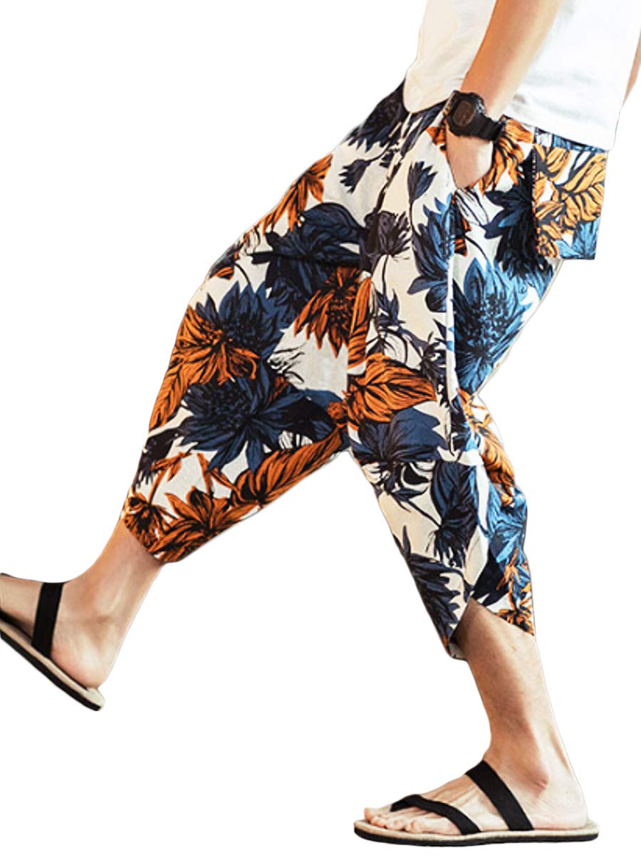 

[LUXIA FILL] Sarouel Pants, Large Floral Print, Size M, Cropped, 9/10 Length, Casual, Roll-up, Easy Wide Fit, Fashionable, Slacks, Elastic Waistband,