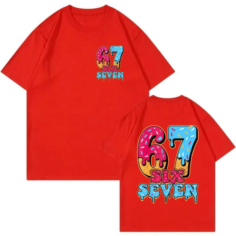 Spring and Summer New Adult and Childrens Funny Six Seven 67 Ice Cream Picture Printed Cotton Casual Short Sleeved Tshirt
