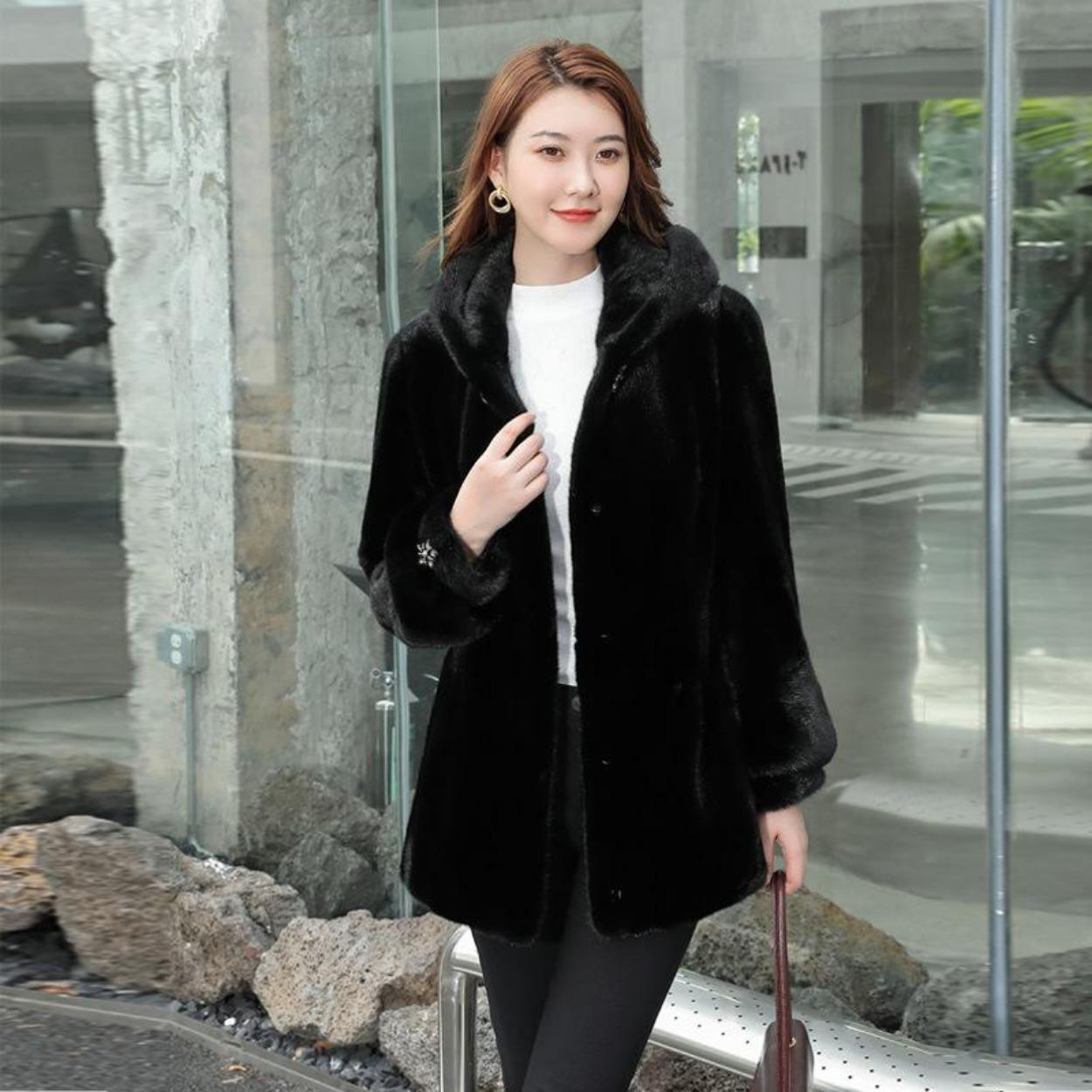 

Новая шуба из норки, женская шуба из цельной норки с шапкой, комбинированная норковая шуба средней длины, шуба из искусственного меха