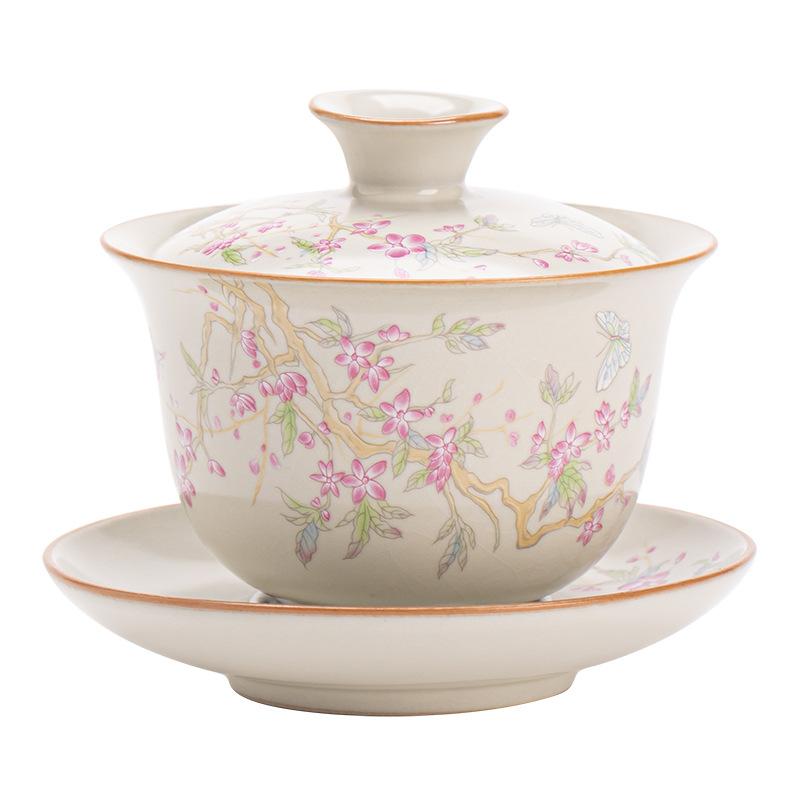 Ru Kiln Wisteria Flower Sancai Cover Bowl Chinese High-end Ceramic Tea Bowl Kung Fu Tea Set Cover Bowl Cup Single Tea Ware