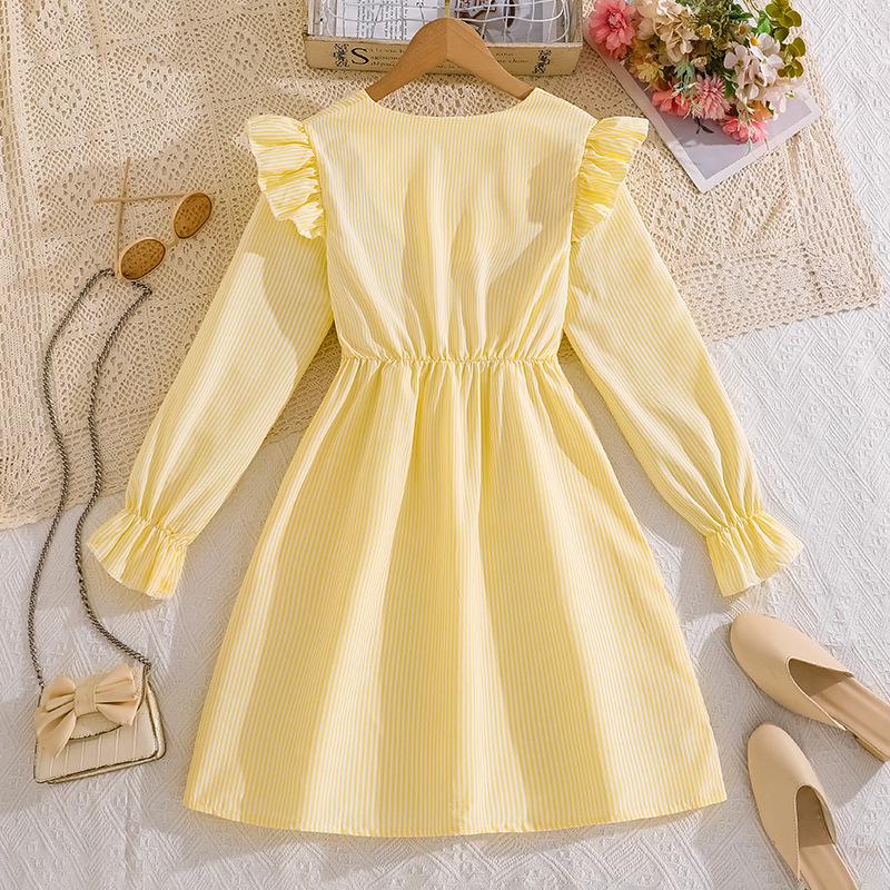 Elegancka Pasiasta Koronkowa Sukienka z Dekoltem V dla Starszych Dzieci - Jesienny Styl Europejski i Amerykański