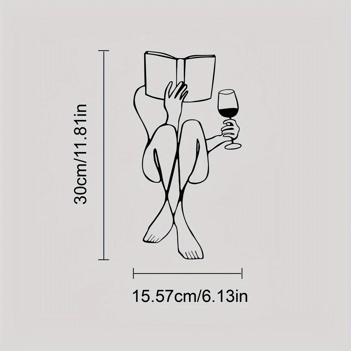 

Женщина читает книгу с вином, металлическое украшение стены, книги и вино, минималистское линейное искусство, украшение стены дома чёрный