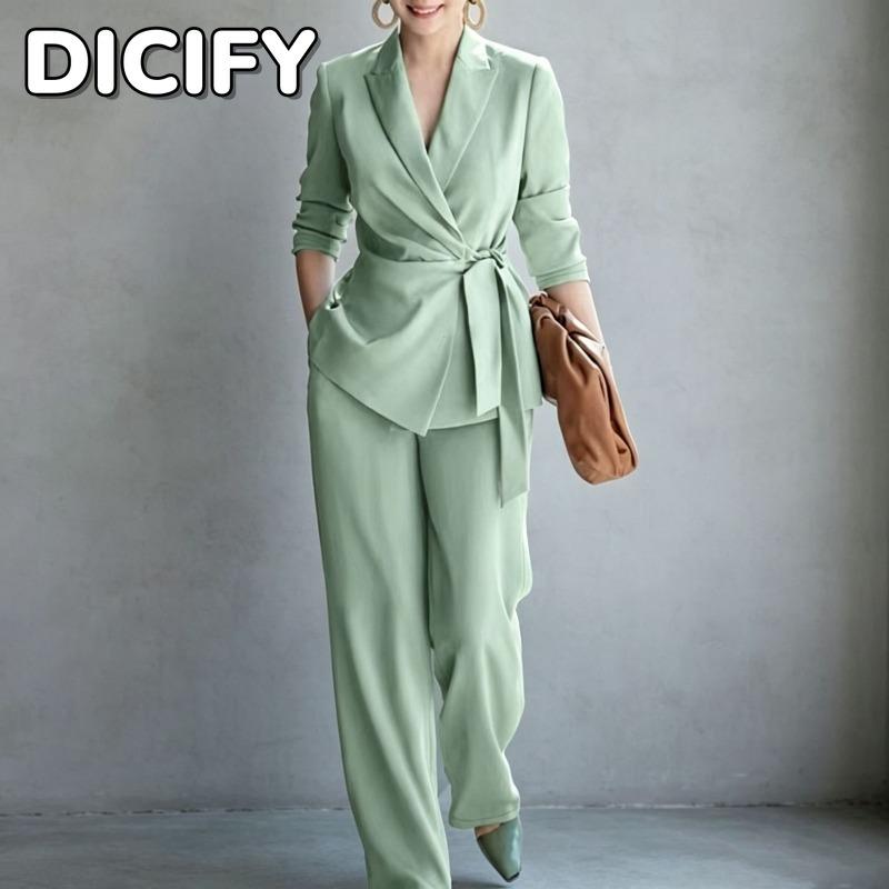 Fatos de Calça Casuais de Moda com Manga Comprida e Decote em V para Mulheres DICFY