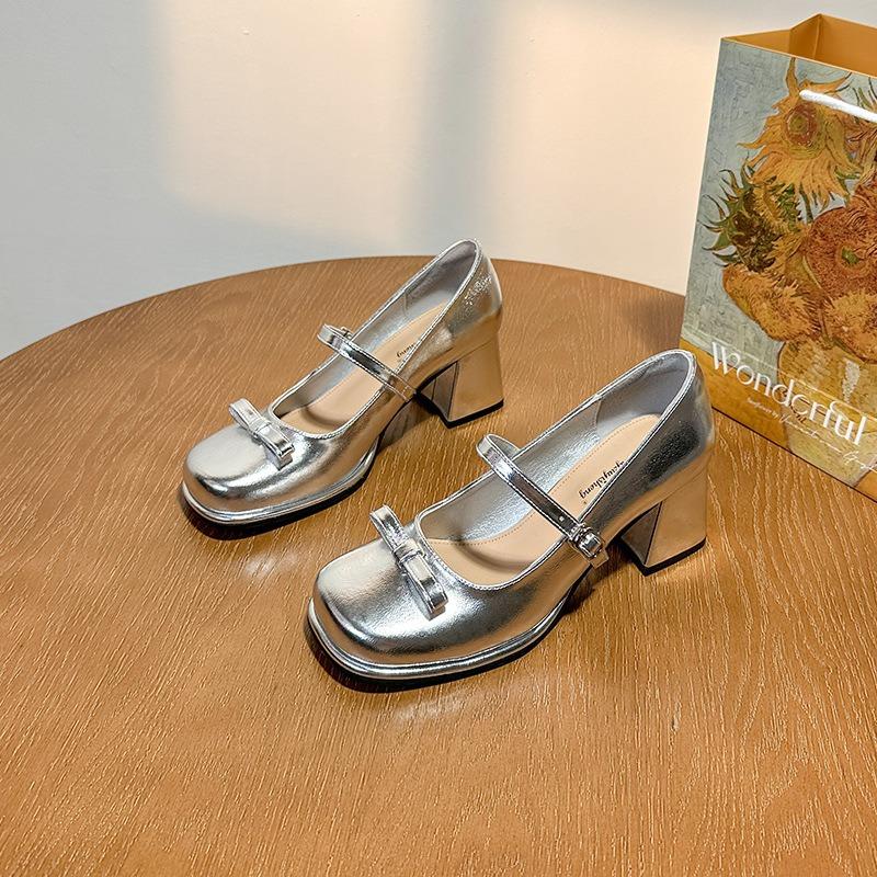 Leather Small Silver Shoes Mary Jane High Heels Women's Spring and Autumn Cheongsam Shoes Horse Dress Shoes Thick Heel Single Shoes