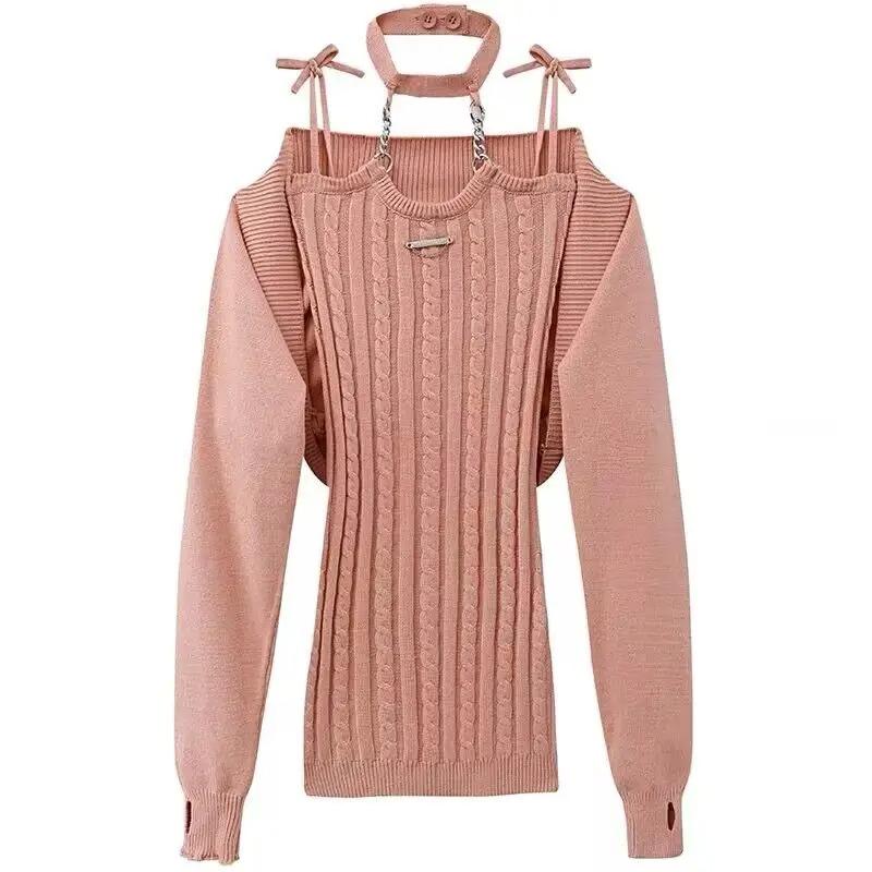 

Вязаные комплекты из двух предметов, модные горячие наряды для девочек для женщин, костюм, укороченный топ, розовый кардиган, женские мини-трикотажные платья с запахом, женские S розовый