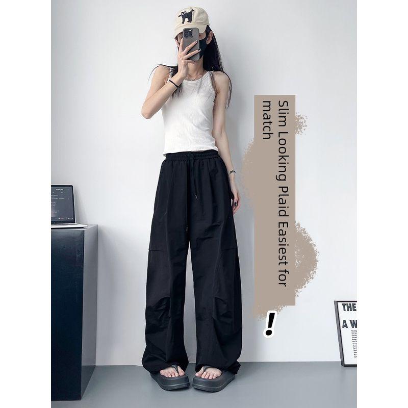White Ice Silk Quick-Drying Wide-Leg Pants Women Summer Plus size Chubby Girl High Waist Drawstring Casual Pants Slim Sports Overalls