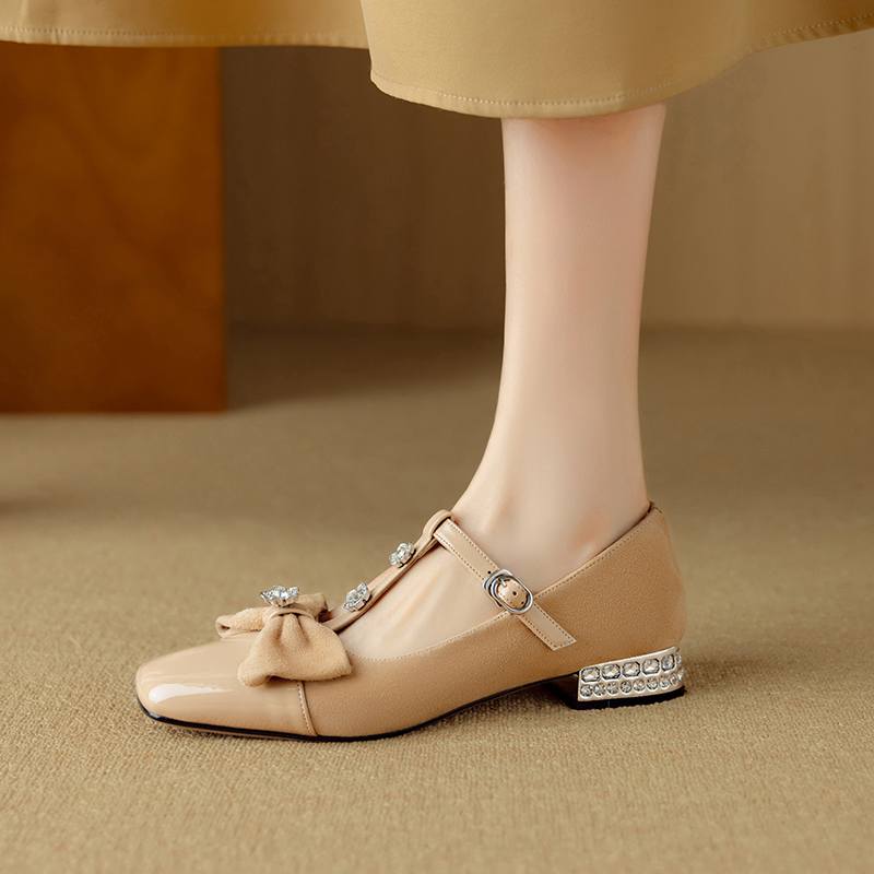 Krazing Pot Sheepskin Summer Size 40 Crystal Low Heels Butterfly-knot Rhinestone Flowers Square Toe Elegant Sweety Pumps