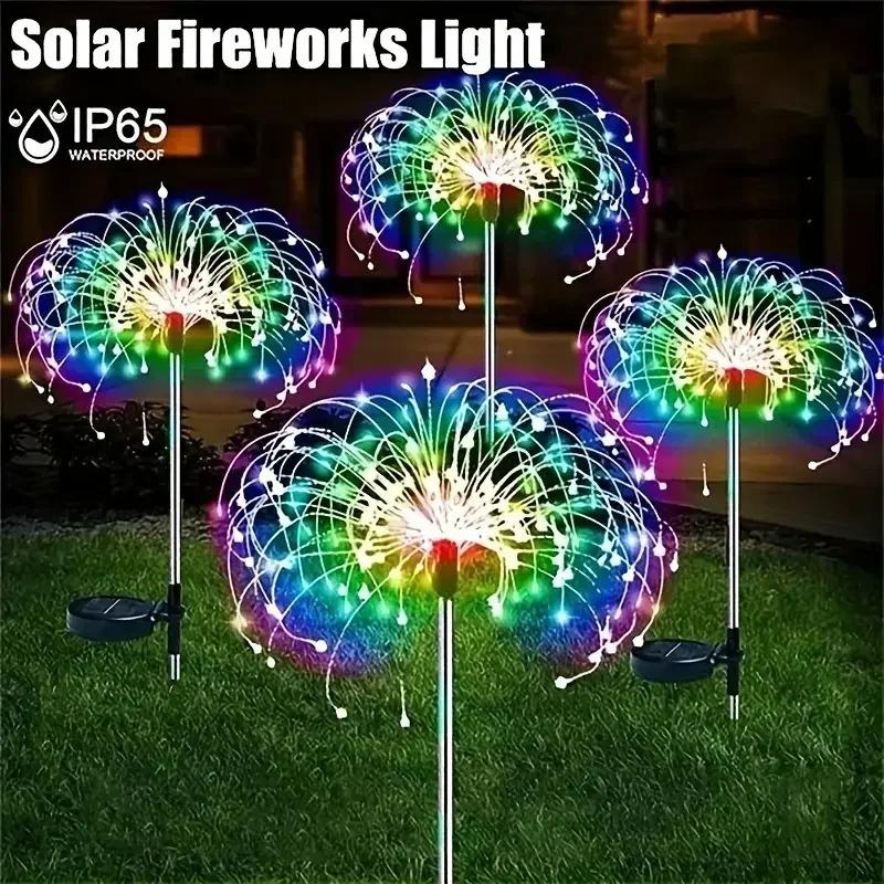 LED Solar Fireworks Lights Outdoor Decorative Multicolor Starburst Waterproof Lamps with 8 Modes for Garden Path Home Lawn