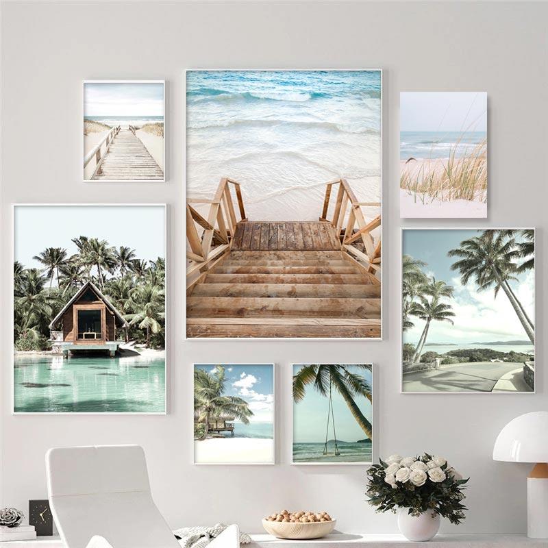 Tropical Beach Ocean Poster Palm Tree Banana Leaves Wall Art Canvas Painting Bridge Summer Seascape Picture For Home Decor