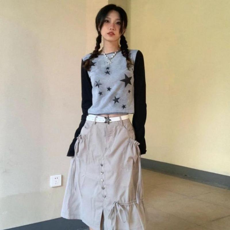 2KWEIRD Y2k Aesthetic Star Print T-shirt Long Sleeve Spring Basic Streetwear Cropped Top Slim Harajuku Contrast Color Casual Tee