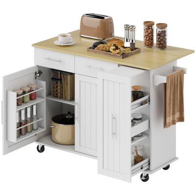 Kitchen Island with Wheels Foldable Countertop 2 Doors with Soft Close Pull-Out Tray 2 Drawers White