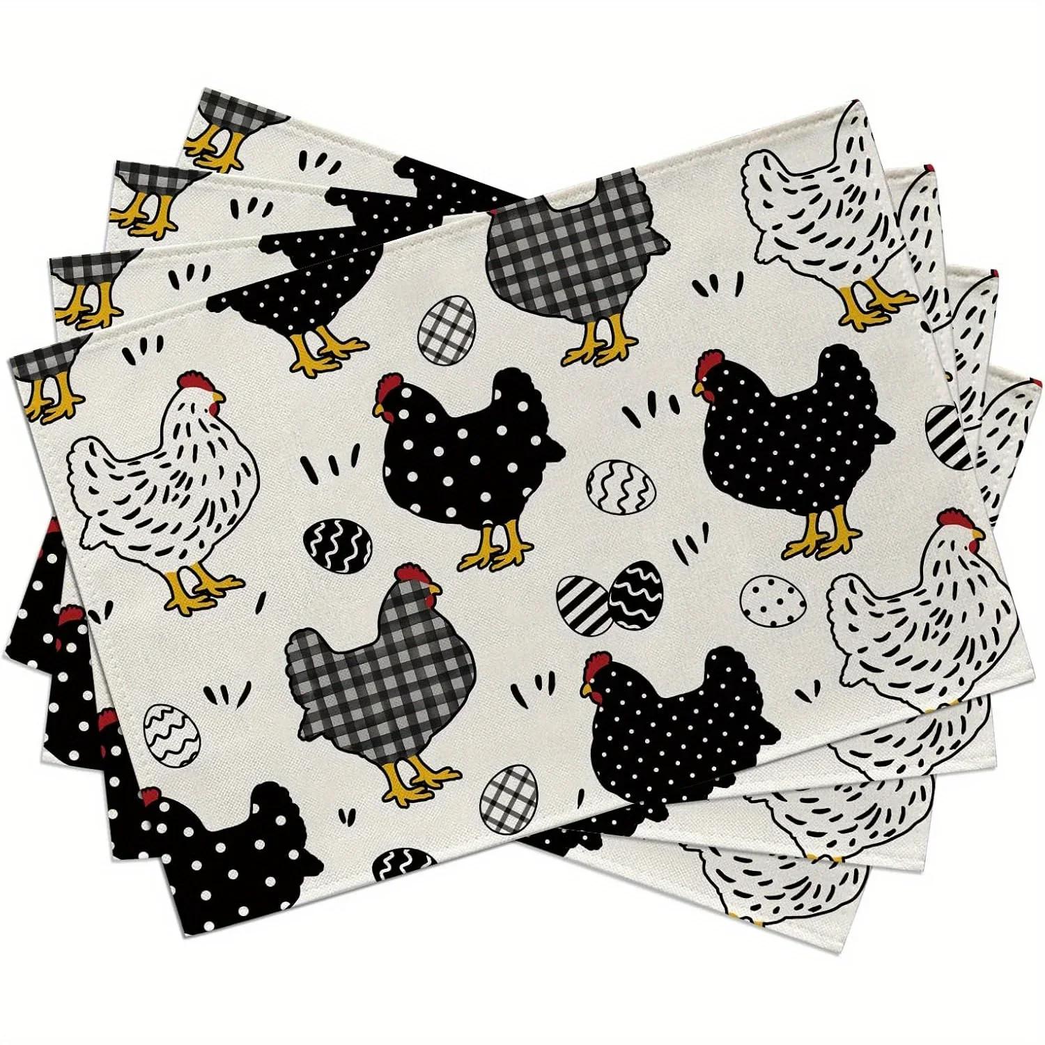 

4PC Easter Chicken Hen Placemats, Easter Eggs Buffalo Plaid Polka Dots Farm Dining Table Place Mats, Spring Farmhouse 30x45cm-4PC