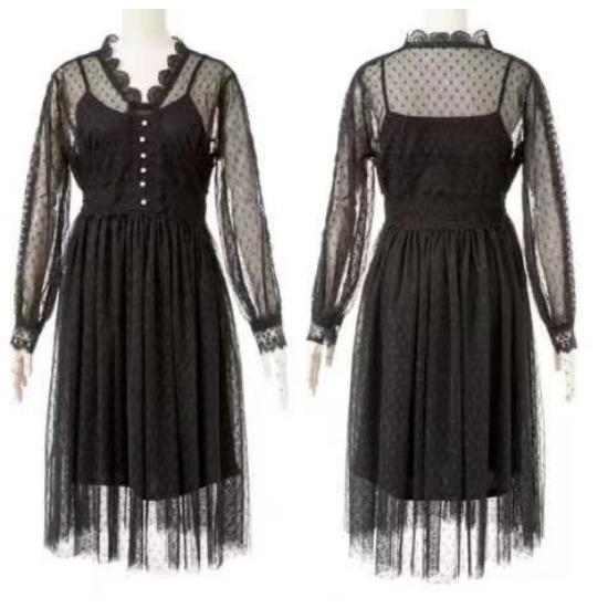 

GMXIA Женская мода весна-осень однотонный принт длинный рукав V-образный вырез высокая талия повседневные платья L чёрный