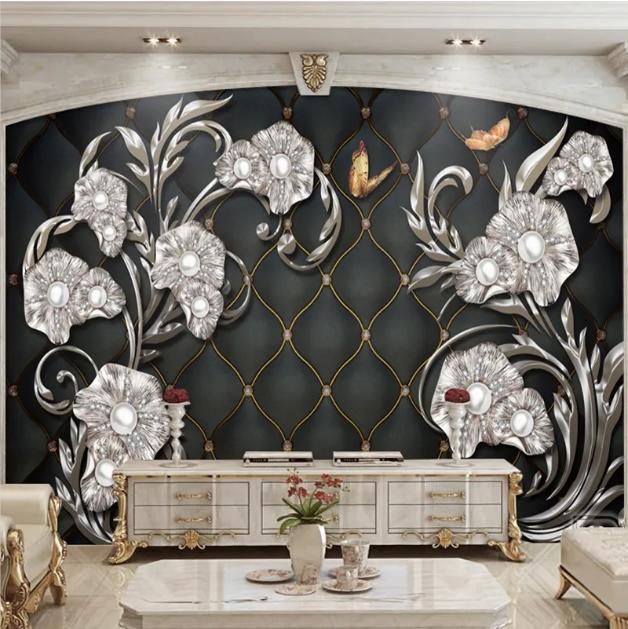 European Style Luxury Wallpaper 3D Stereo Flower Jewelry Mural Hotel Living Room Background Wall Mural Home Decor