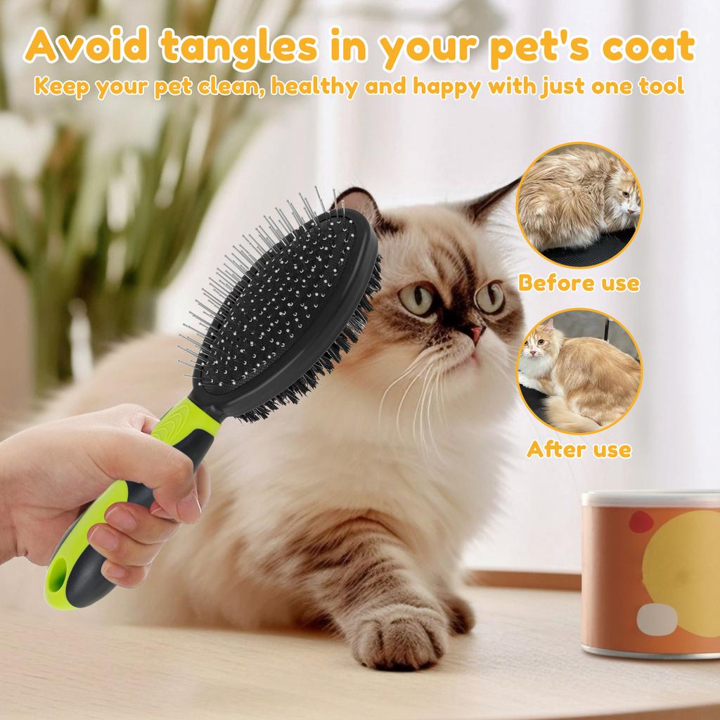 2 Stück Tierpflegebürste Badebürsten-Set Doppelseitiger Katzenhaarkamm mit TPR-Griff Hundereinigungsbürste Pflegewerkzeug Tierbedarf