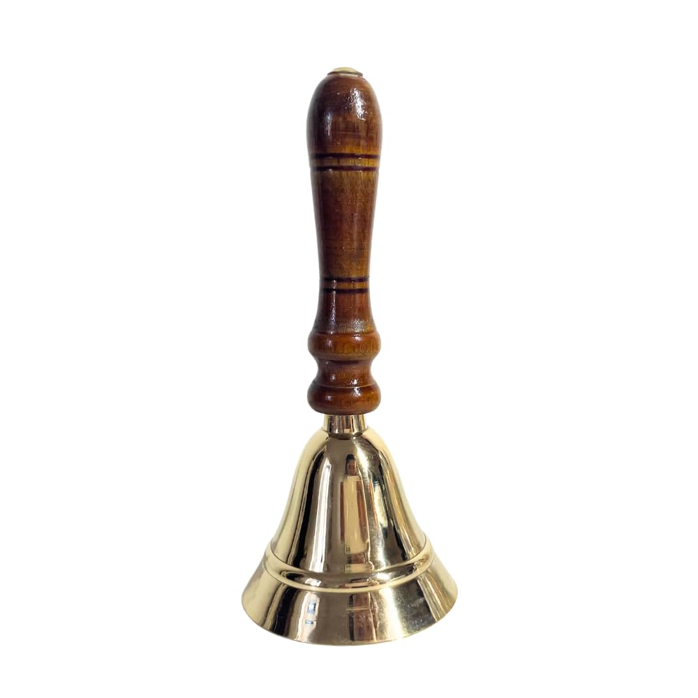 

Gold brass hand bell with wooden handle, perfect for parties, raffles, or as a call bell for businesses. Antique and vintage design.