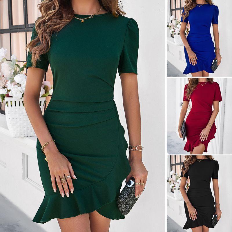 European and American Amazon Export Cross-Border Women's Clothing 2024 Spring and Summer Elegant Elegance Pure Color Slim Fit Hip Short Sleeve Dress
