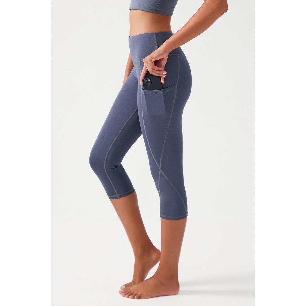 Women's Black High Waist Collecting Double Pocket Below Knee Capri Leggings Capri