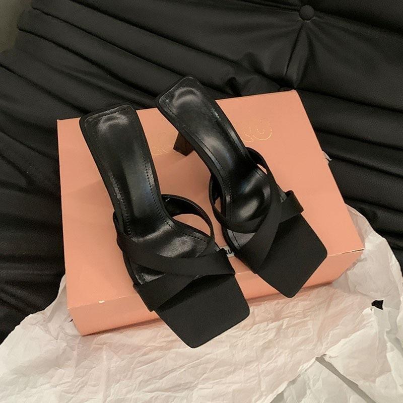 Fashion 2025 Summer New Fairy Style High Heels Women's Silk Square Head Thin Heels Cross Style High Heels One Line Cool Slippers