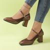 New Fashion French Style Women's Black Square Toe Chunky Heel Thick Sole Buckle Slip-On Pumps Vintage Single Shoes for Ladies
