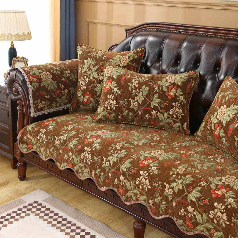 Chenille Jacquard Sofakissen Alle Jahreszeiten Retro Sofabezug Heimdekor Rutschfestes Couchkissen Wohnzimmer Sofa Schutzbezug