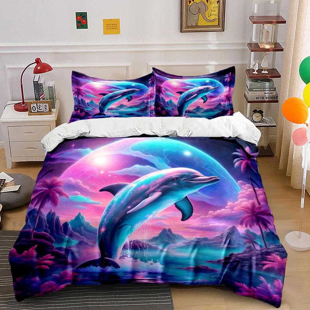 Ensemble de literie Rêve de Dauphin et Ciel Vibrant pour Enfants Cadeau de Luxe 3 pièces Ensemble Couette Impression Numérique Doux Confortable Respirant