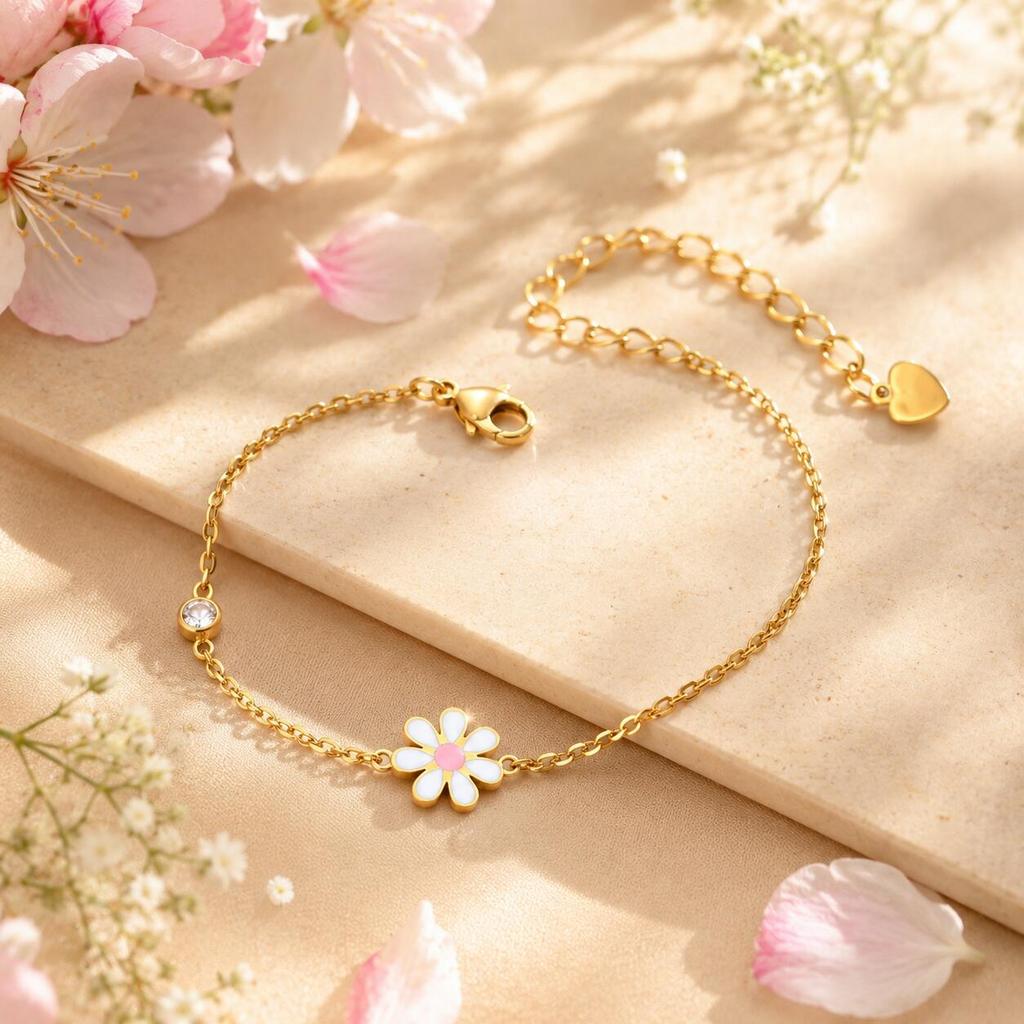 Minimalist Enamel Daisy Flower Bracelet, 18K Gold Plated Stainless Steel, Waterproof Dainty CZ Charm Jewelry Gift